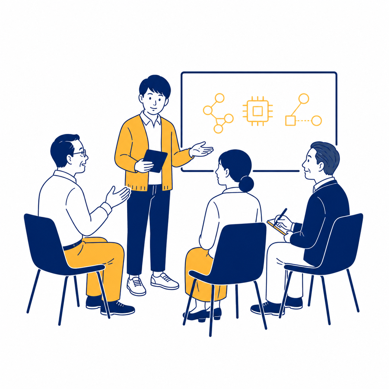 参加者がパソコンを使って学ぶイラスト